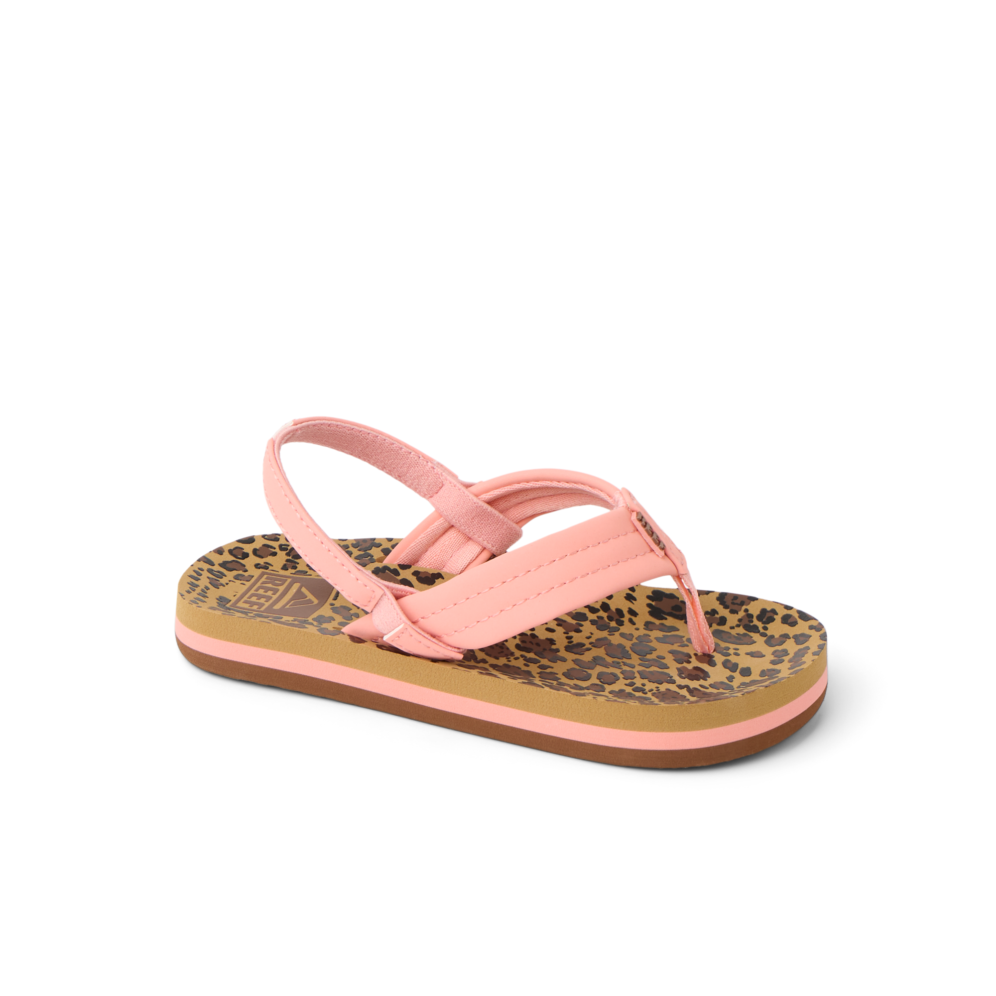 Little Ahi girls' sandal facing right, featuring leopard print footbed, pink straps, and comfort cushioning for beach wear.