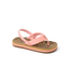 Little Ahi girls' sandal facing right, featuring leopard print footbed, pink straps, and comfort cushioning for beach wear.