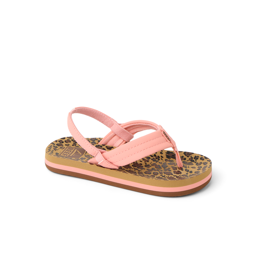Little Ahi girls' sandal facing right, featuring leopard print footbed, pink straps, and comfort cushioning for beach wear.