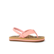 Little Ahi toddler girl’s sandal facing right, pink straps and leopard print footbed, beach-inspired comfort design.