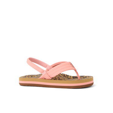 Little Ahi toddler girl’s sandal facing right, pink straps and leopard print footbed, beach-inspired comfort design.
