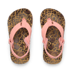 Top-down view of Little Ahi girls’ sandals with leopard print footbed and pink straps featuring arch support and cushioning.