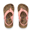 Top-down view of Little Ahi girls’ sandals with leopard print footbed and pink straps featuring arch support and cushioning.