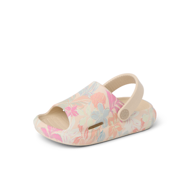 Little Rio Slide facing right, unisex toddler slide with apricot multi floral pattern, cushioned and water-friendly design.