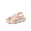 Little Rio Slide facing right, unisex toddler slide with apricot multi floral pattern, cushioned and water-friendly design.