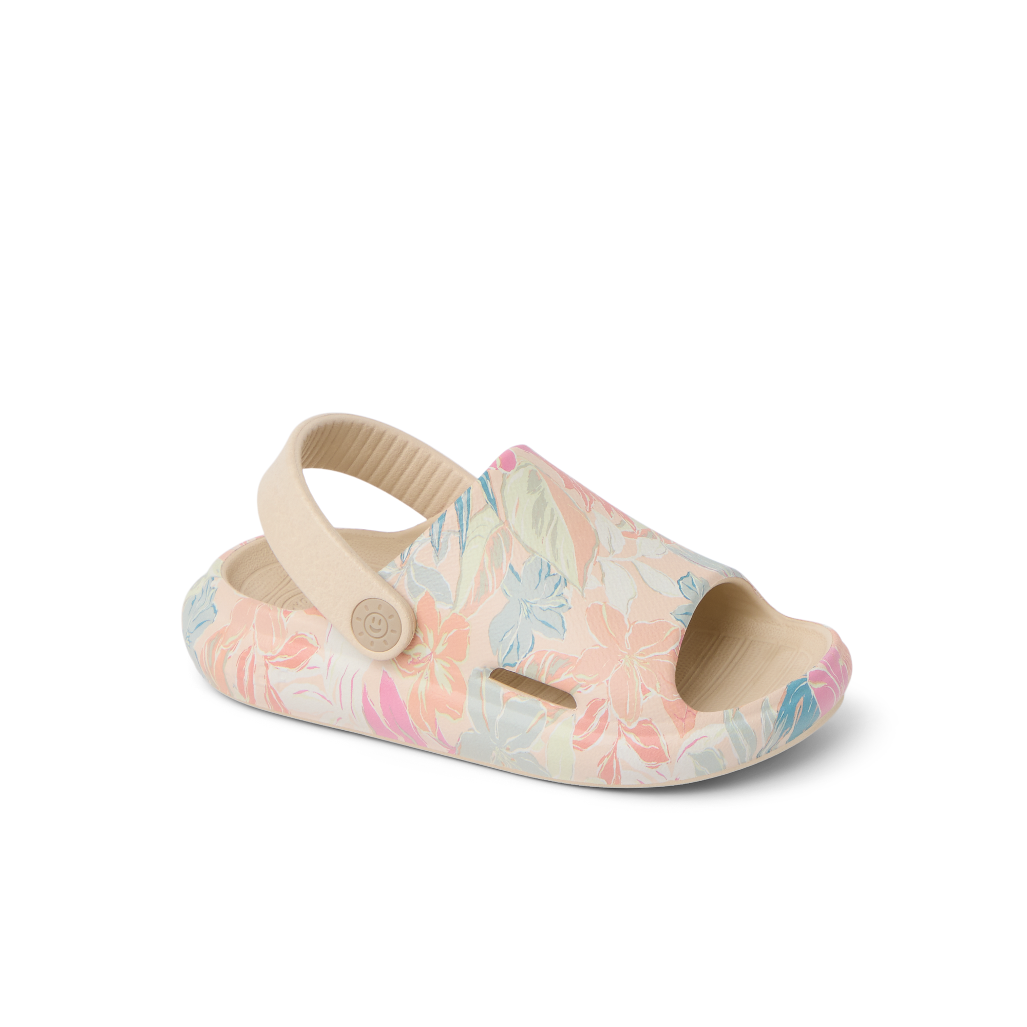 Little Rio Slide unisex kids slide sandal facing right, floral apricot multi pattern with heel strap, beach-inspired comfort