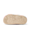Little Rio Slide showing bottom sole facing up with embossed reef logo and surf-inspired patterns in apricot multi colors.