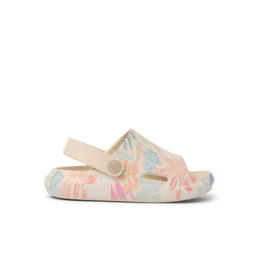 Little Rio Slide unisex toddler sandal facing left with apricot multi floral print, featuring arch support and cushioning.