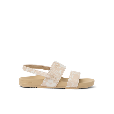 Little Cushion Vista sandal for girls facing left, floral straps, cushioned sole with arch support, beach-inspired comfort.