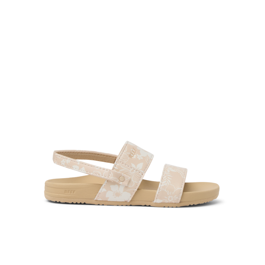 Little Cushion Vista sandal for girls facing left, floral straps, cushioned sole with arch support, beach-inspired comfort.
