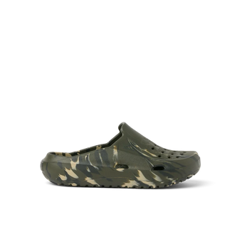 Camouflage clog facing right in side profile with ventilation holes and a molded sole