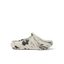 A single Croc-style clog shoe in a marbled cream, beige, black, and gray colorway, shown from a side profile on a clean white background.