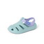 Little Totally Beachin sandal facing left, blue and lavender, close-up of the front and side with comfort features visible