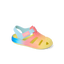 Little Totally Beachin sandal for girls facing left, close-up of front and side with soft cushioning and arch support.