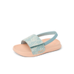 Little Salty Slide sandal for girls facing left, with blue haze strap and cushioned sole, beach-inspired comfort footwear.