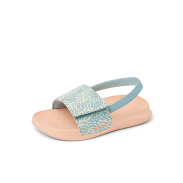 Little Salty Slide sandal for girls facing left, with blue haze strap and cushioned sole, beach-inspired comfort footwear.