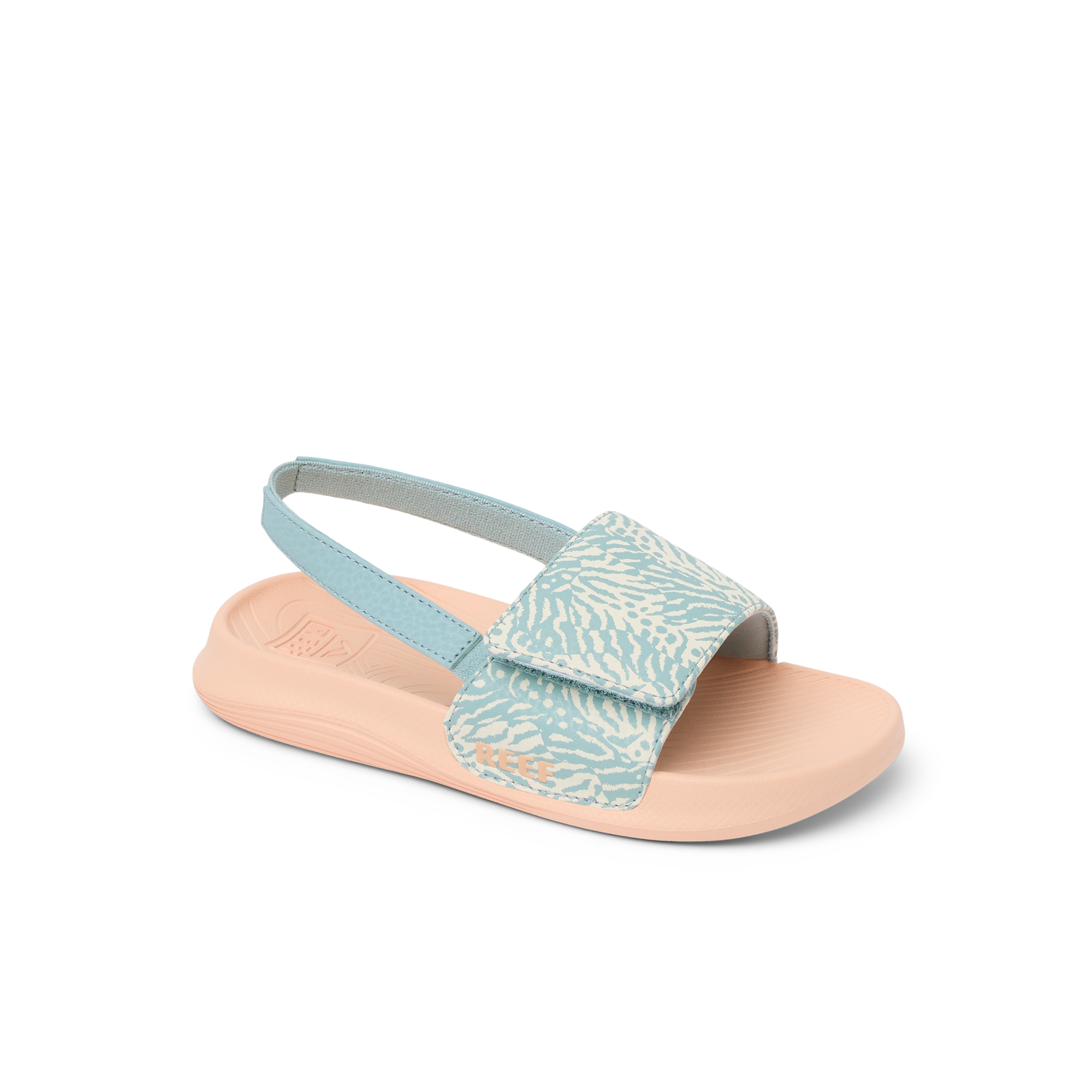 Little Salty Slide sandal for girls facing right, showing side and top with soft cushioning and arch support in blue haze pattern.