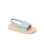 Little Salty Slide sandal for girls facing right, showing side and top with soft cushioning and arch support in blue haze pattern.