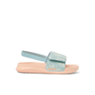 Little Salty Slide sandal for girls facing right, showing side view with blue patterned strap and cushioned sole for comfort.