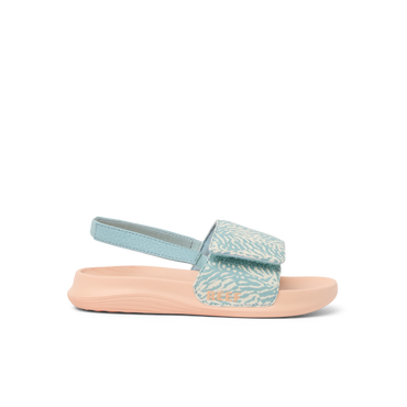 Little Salty Slide sandal for girls facing right, showing side view with blue patterned strap and cushioned sole for comfort.