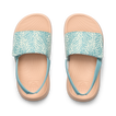 Little Salty Slide sandals for girls, top view facing up, featuring water-friendly, cushioned footbed and patterned straps.