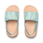 Little Salty Slide sandals for girls, top view facing up, featuring water-friendly, cushioned footbed and patterned straps.