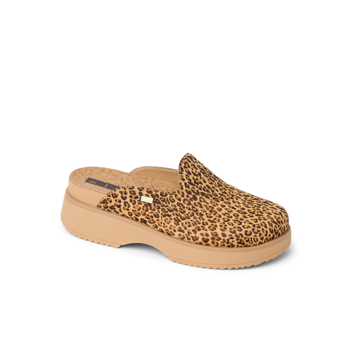 Vista Skye leopard print platform clog facing right with cushioned footbed and arch support