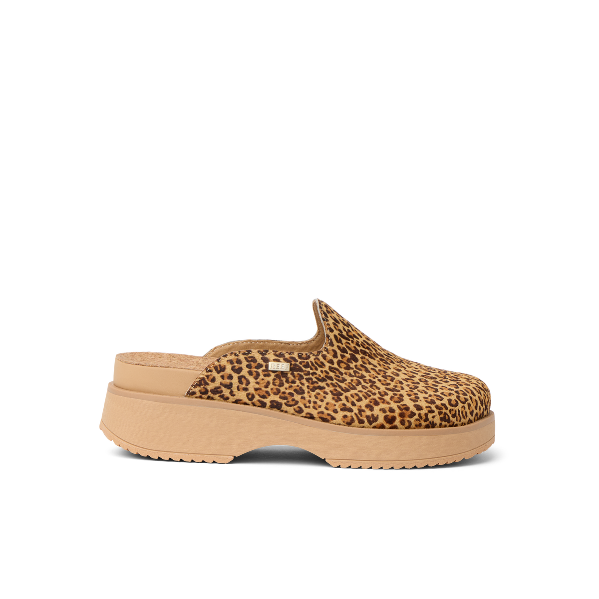 Vista Skye leopard print platform clog facing right with cushioned comfort and arch support