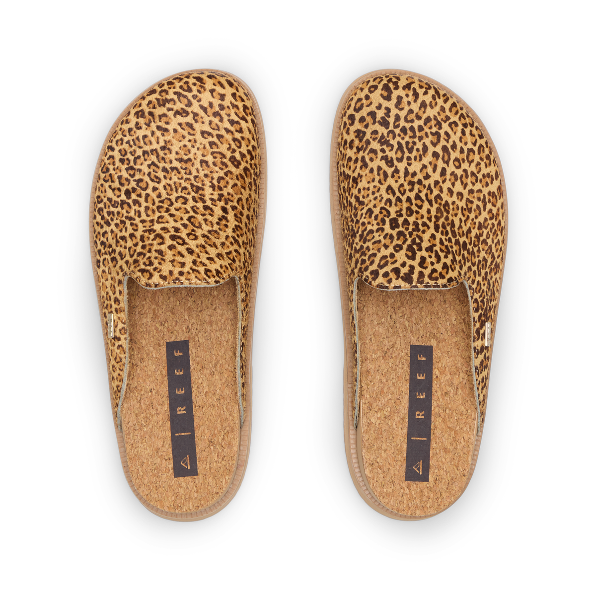 Vista Skye clogs viewed from above, toes facing upward, with leopard print and cushioned footbeds