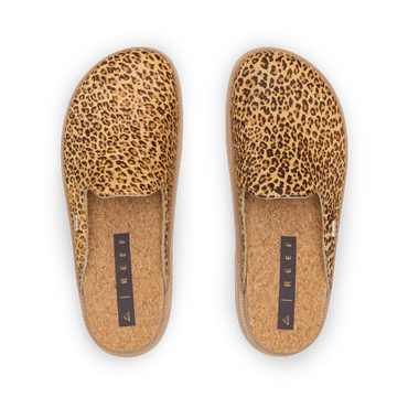 Vista Skye clogs viewed from above, toes facing upward, with leopard print and cushioned footbeds