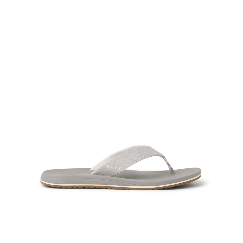 Nox men's right-facing flip flop in greige with soft-rebound cushioning and anatomical arch support for beach comfort.