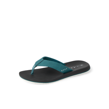 Nox men's teal and black flip flop facing left, showing top and side with anatomical arch support and cushioning.