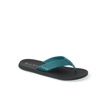 Nox men's sandal facing right, close-up of teal strap and black cushioned footbed with arch support and water-friendly design.