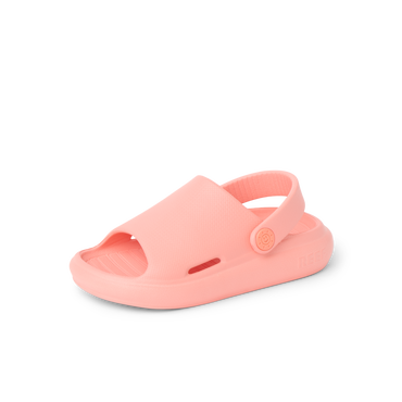 Little Rio Slide coral unisex toddler sandal facing right, showing front and side with cushioned, water-friendly sole.
