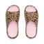 Kids Rio Slide unisex leopard print slides facing up, showcasing cushioned pink footbeds with arch support