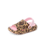Little Rio Slide facing left, cheetah print with pink strap, close-up of front and side showing comfort-focused design.