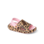 Little Rio Slide leopard print unisex toddler slide facing right with cushioned footbed and pink heel strap for comfort.