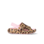 Little Rio Slide leopard print water-friendly slide facing right with back strap, soft cushioning, and arch support for kids.