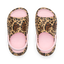 Top view of unisex Little Rio Slide with leopard print and pink cushioned footbed, designed for littles aged 2-4 years.