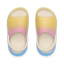 Top view of Little Rio Slide unisex kids sandals in yellow, pink, and blue with cushioned footbeds facing upward.
