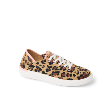 Kids Neptune left-facing sneaker with leopard print, white sole, and comfort features for active beach lifestyles.