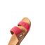 Cushion Vista women's sandal facing right with pink woven straps, cork footbed, and anatomical arch support close-up.