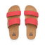 Top view of women's Cushion Vista sandals with coral woven straps and cork footbed, offering beach-inspired comfort and arch support.