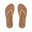 Top view of women's Cushion Slim sandals with golden apricot straps and brown footbeds, designed for beach comfort and support.