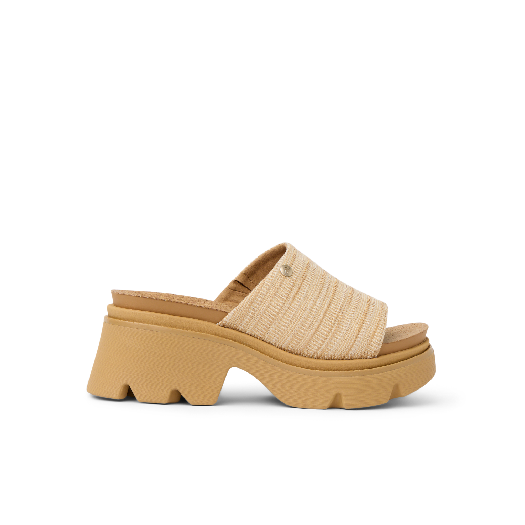 Vista Luxe Evie women's sandal facing right, platform sole and natural raffia upper, beach-inspired comfort design