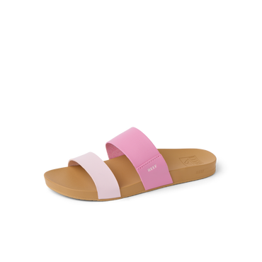 Cushion Vista women's left slide sandal facing right with dual pink straps, anatomical arch support, and soft cushioning.