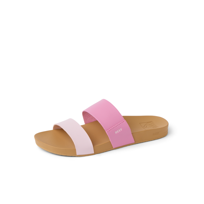 Cushion Vista women's left slide sandal facing right with dual pink straps, anatomical arch support, and soft cushioning.
