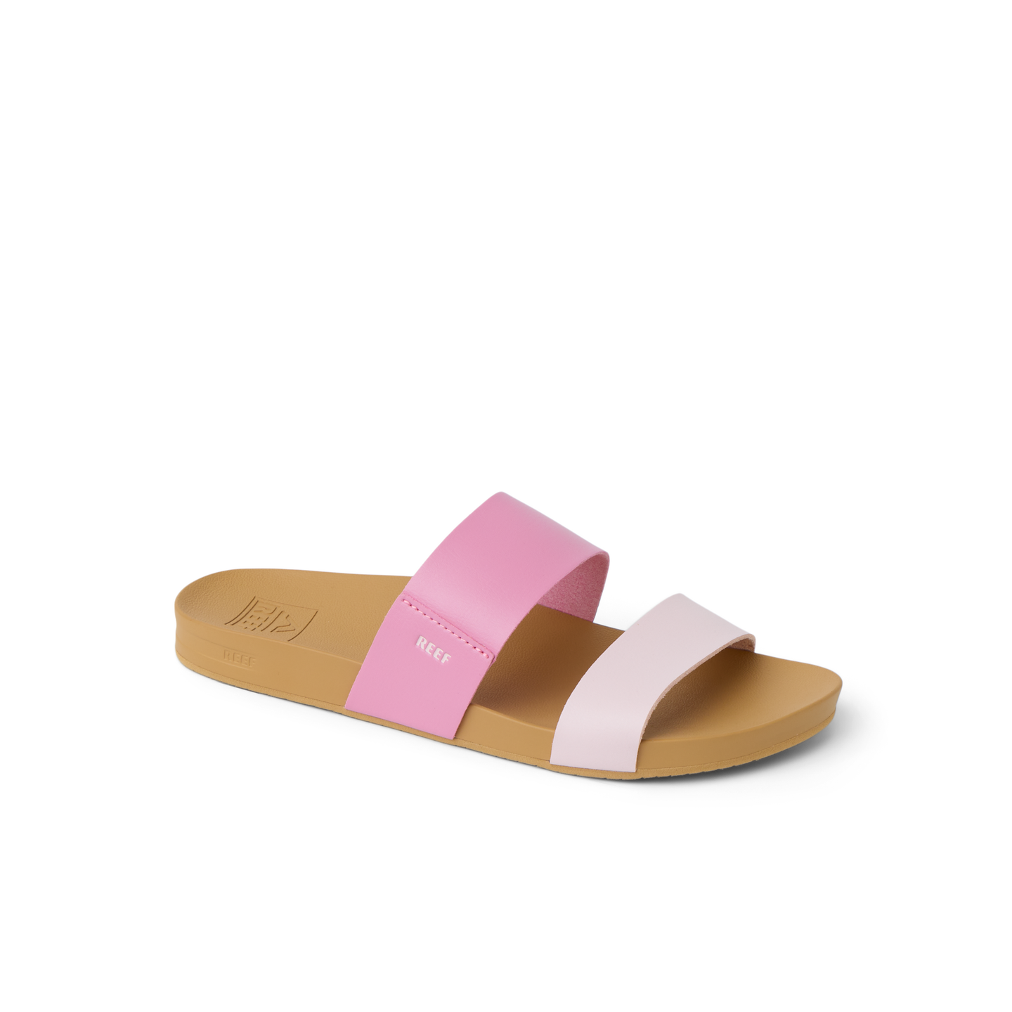 Cushion Vista women's sandal facing right, pink and rose straps, beach-inspired comfort with soft cushioning and arch support.