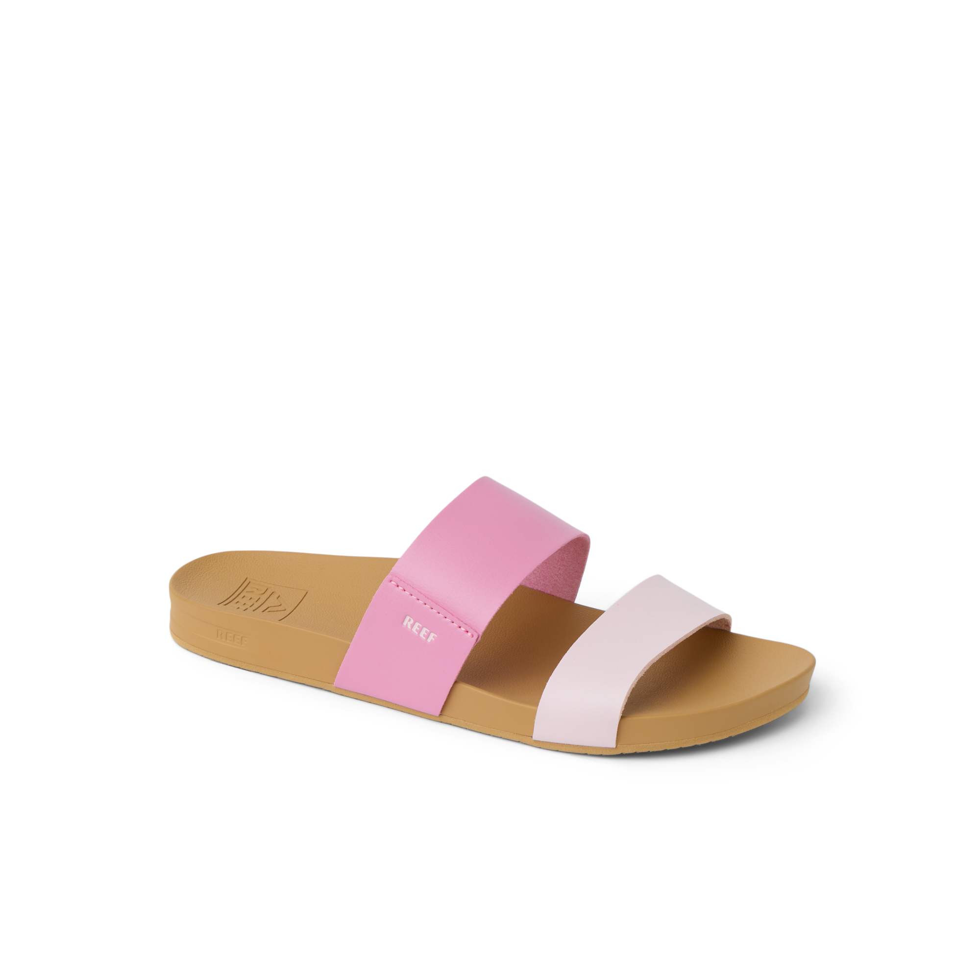 Cushion Vista women's sandal facing right, pink and rose straps, beach-inspired comfort with soft cushioning and arch support.