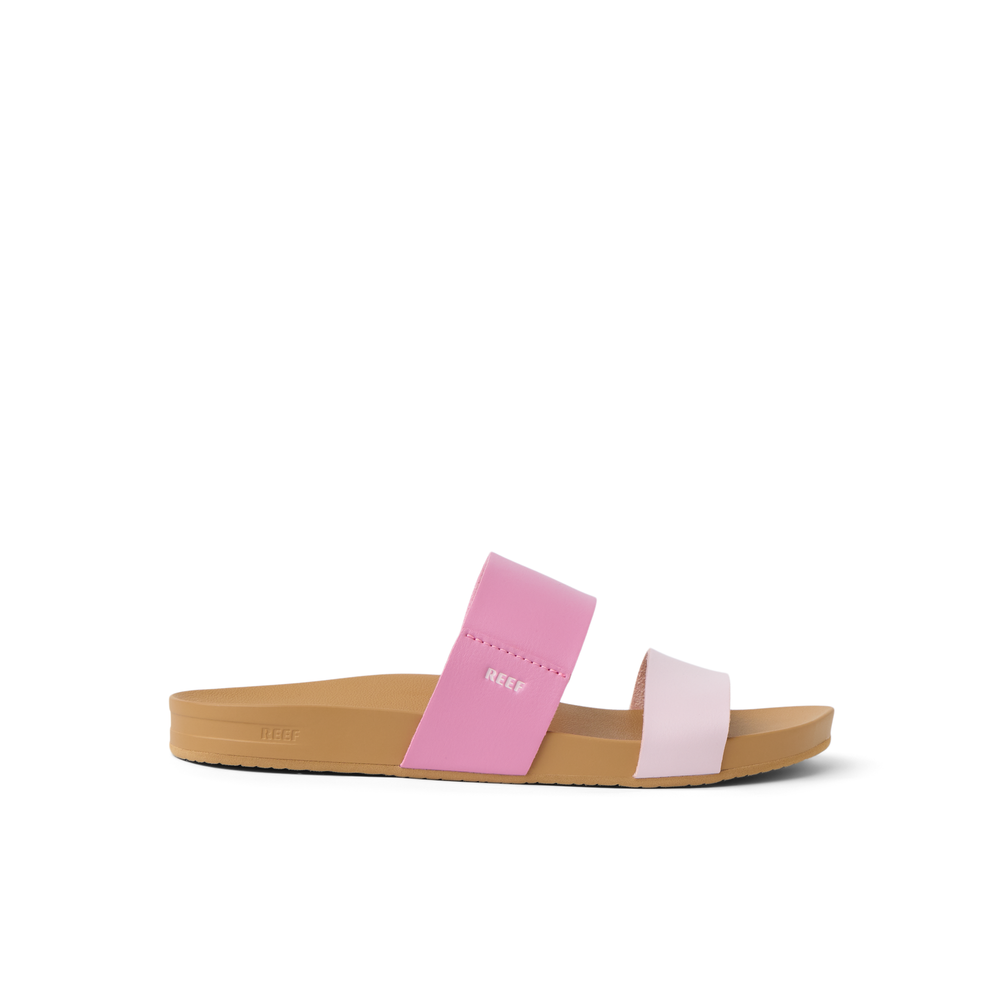 Side view of Cushion Vista women's sandal in cashmere rose pink with cushioned sole and arch support, beach-inspired comfort.